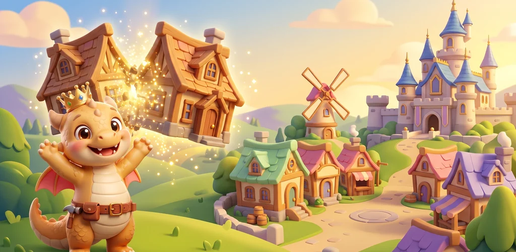 Pip the builder dragon in front of the restored kingdom